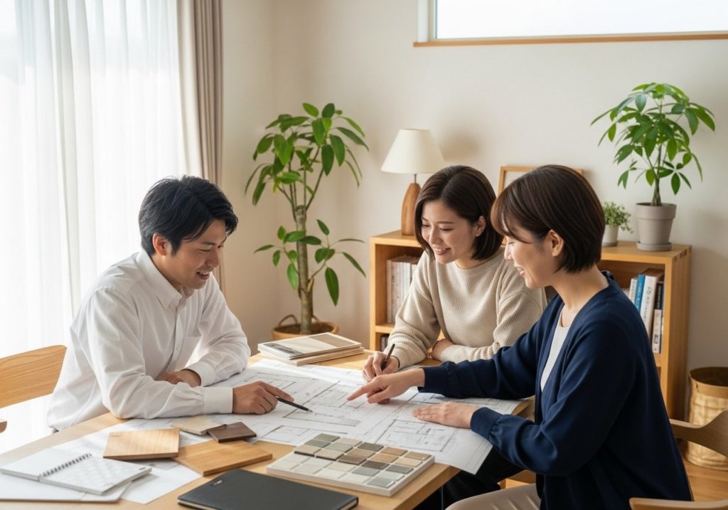 リビングで設計図と建材サンプルを囲み、笑顔で住宅の打ち合わせをする男性と2人の女性。