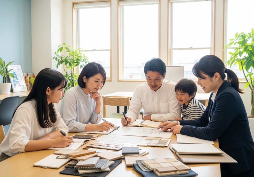 住宅の設計図やフローリング・壁材などの素材サンプルを見ながら家づくりの打ち合わせをしている。子供も笑顔で参加し、専門家が丁寧に説明する様子。