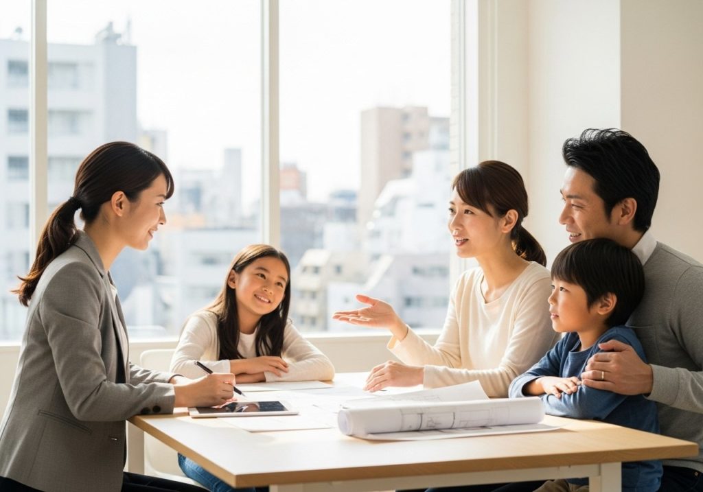 専門家と家族がテーブルで笑顔で相談するイメージ。